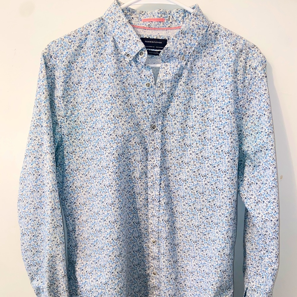 Denim & Flower Mens M Button Down Shirt Abstract Casual Summer Spring
